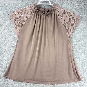 Worthington Ruffle Neck Lace Sleeve Top - Mauve Taupe Fairy Dainty Feminine